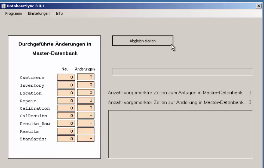 Database-Sync: Übersicht der neuen und geänderten Datensätze je Tabelle der MET/CAL-Datenbank