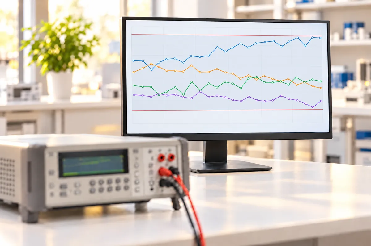 Drift für MET/CAL: Abweichungen eines Referenzmultimeters über viele Jahre als Diagramm