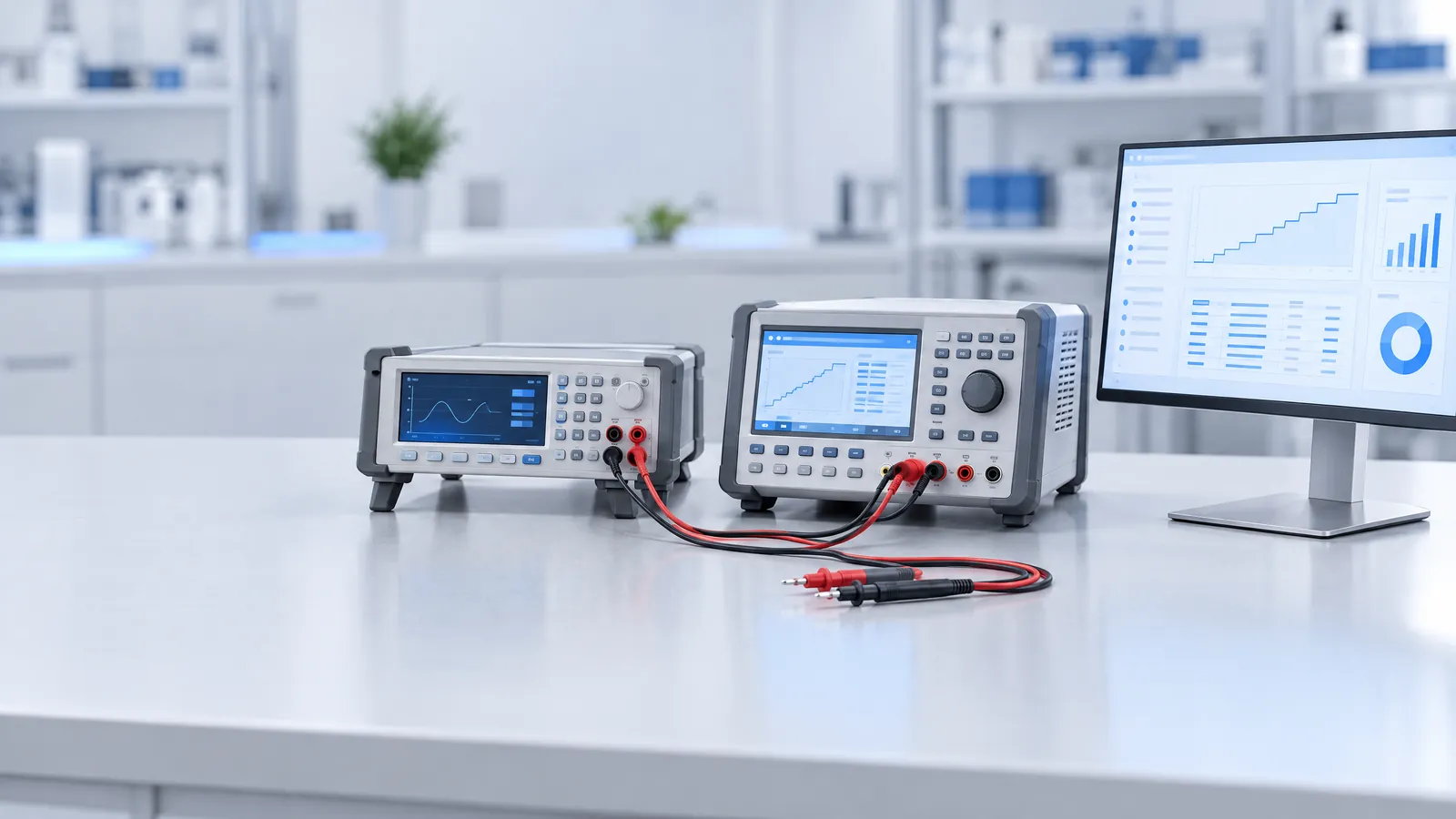 Arbeitsplatz in einem Kalibrierlabor mit Multimeter, Kalibrator und Kalibriersoftware am Monitor